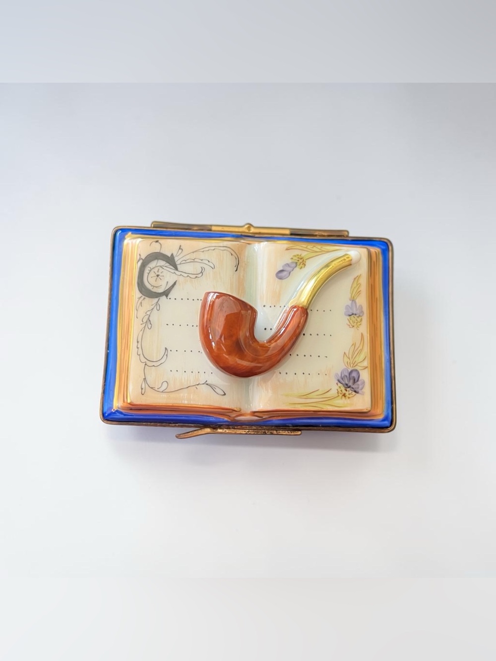 Signed Chamart Limoges France Porcelain Trinket Box – Open Book with Pipe Design